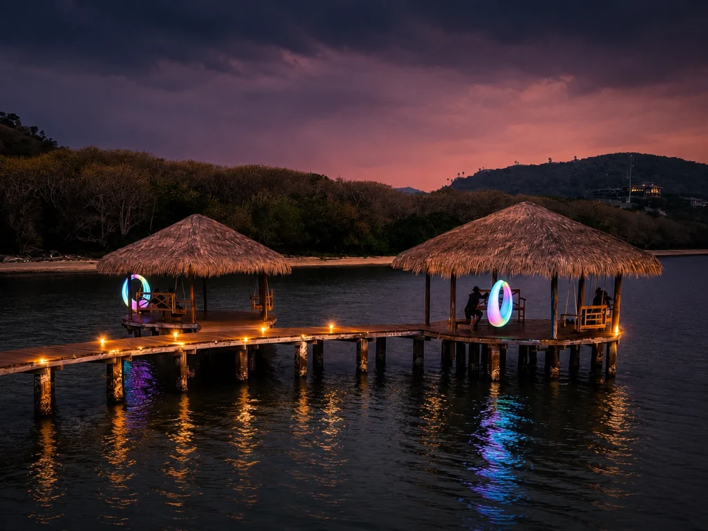 Ring light warna-warni di gazebo dermaga apung Katamaran Lombok Resort
