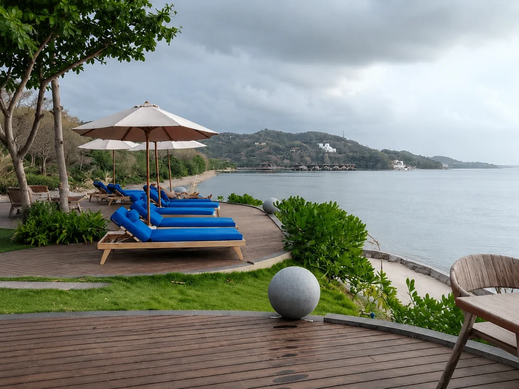 Globe light bertekstur ukiran di deck tepi pantai Katamaran Lombok Resort