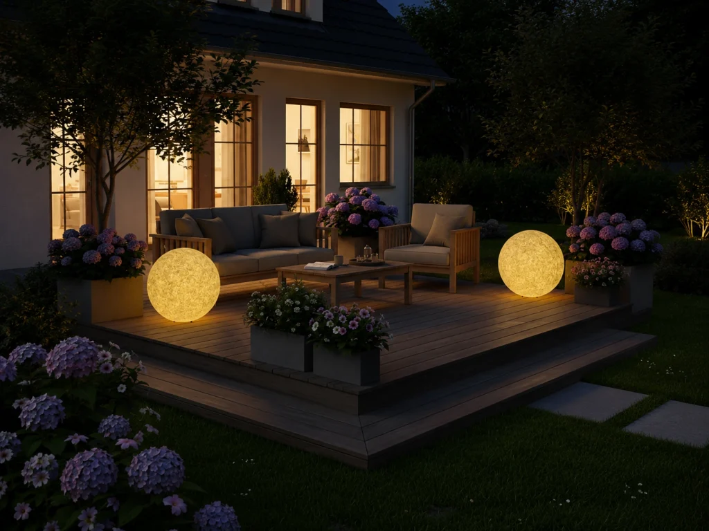 Lampu taman bulat bertekstur granite MARS by Ellogrin sebagai elemen dekoratif taman