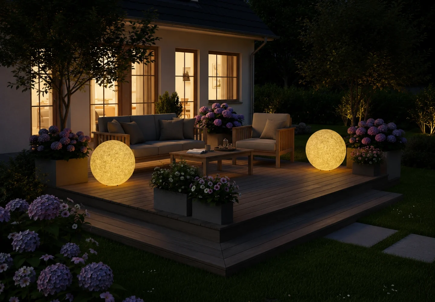 Lampu taman bulat bertekstur granite MARS by Ellogrin sebagai elemen dekoratif taman