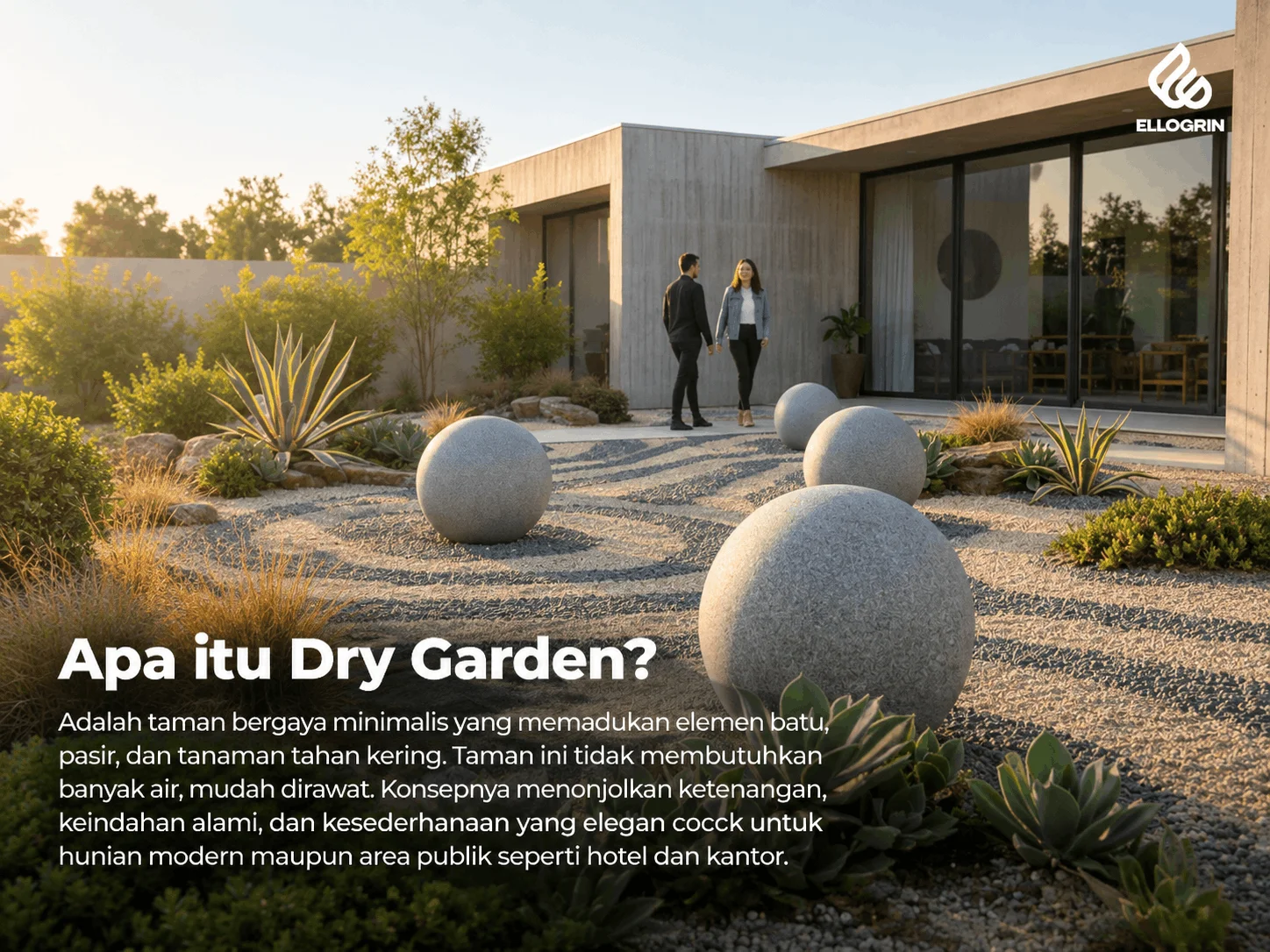 Dry garden minimalis dengan batu, kerikil, agave, dan bola dekoratif di depan rumah modern