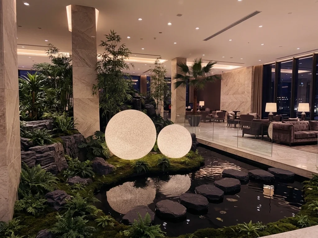 Dua lampu bola Mars di atas lumut dan pakis dekat kolam dengan stepping stone di lobby hotel
