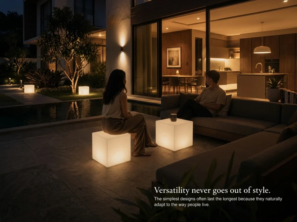 Dua LED Cubic di area outdoor dekat kolam, satu untuk duduk dan satu sebagai meja kecil