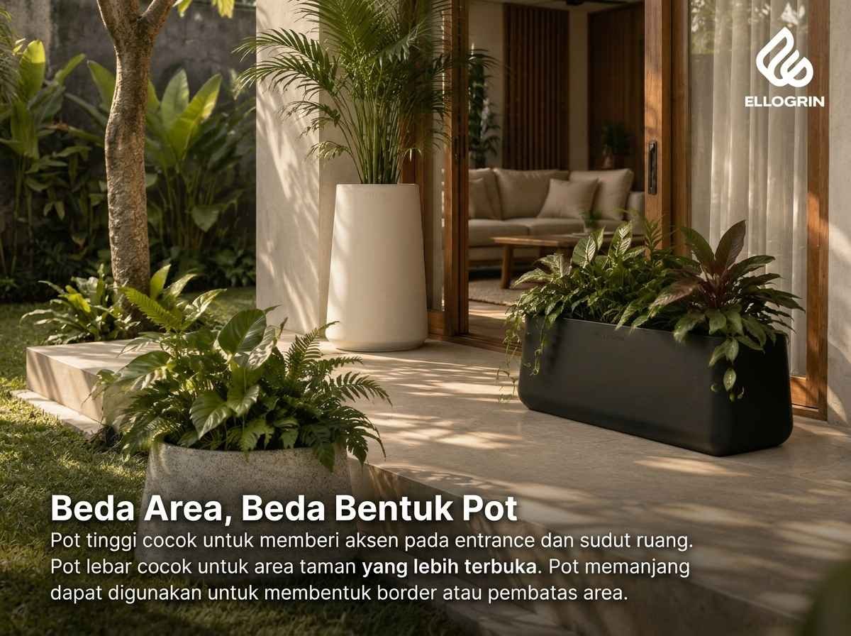 Pot tinggi, lebar, dan memanjang di area outdoor