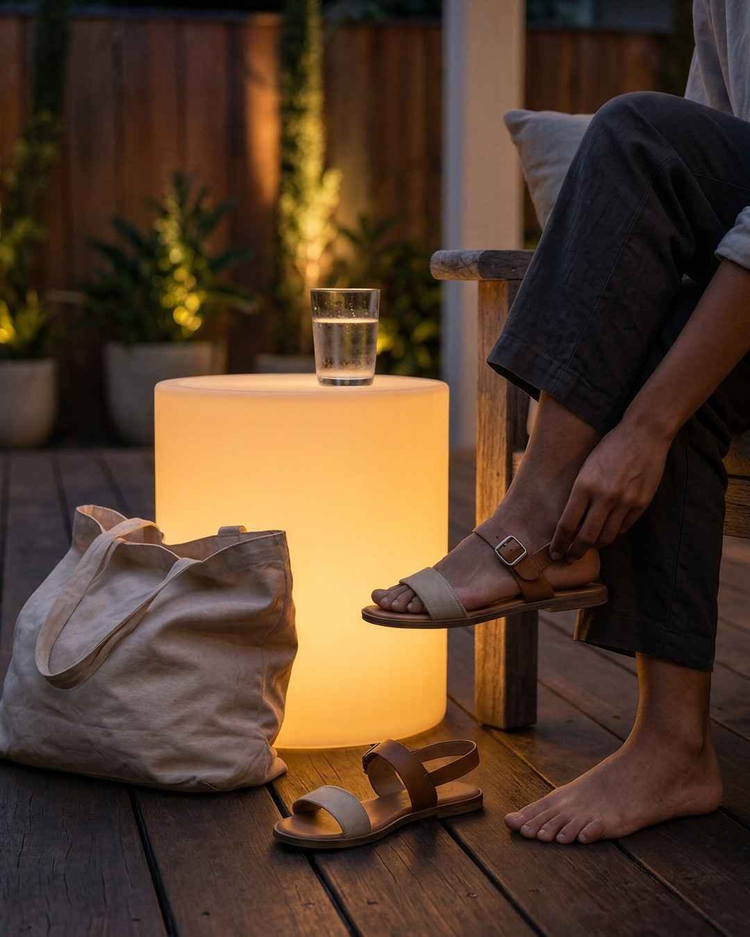 Kursi LED CYLO dipakai sebagai meja samping dengan segelas air di atasnya