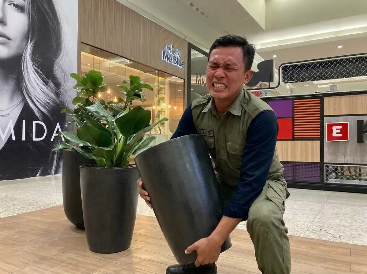 Pot planter berat yang sulit dipindahkan saat menata ulang area