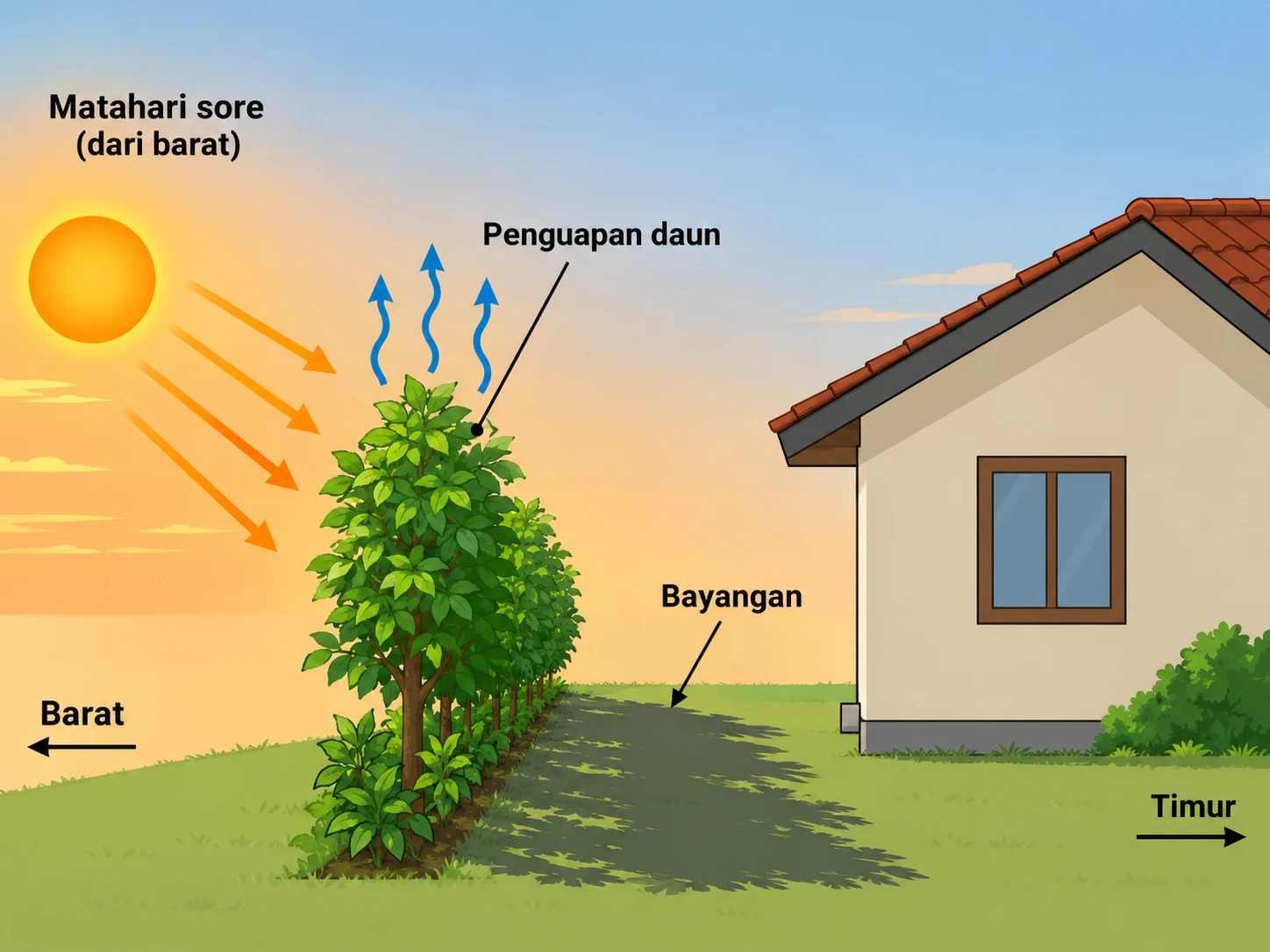 diagram cara tanaman memberi peneduh dan menurunkan panas di sisi rumah